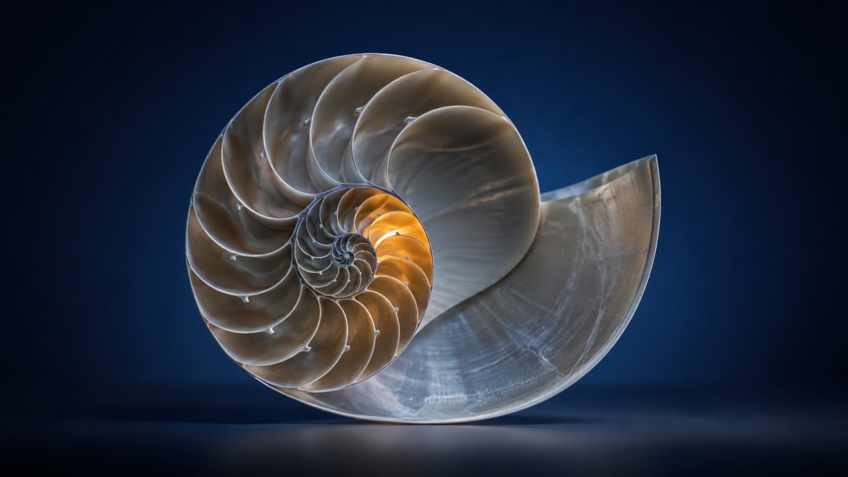 Sección de una concha de nautilo mostrando su espiral logarítmica, con un brillo cálido en la cámara central.